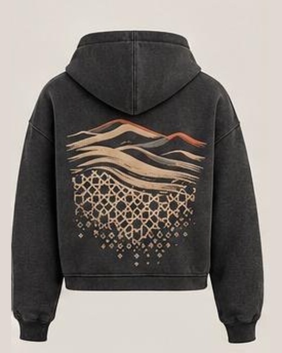 Charcoal hoodie, back view, with the dune lines in puff print breaking into a lattice