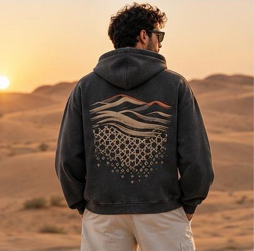 A man in a charcoal hoodie seen from behind, standing in desert dunes at sunset